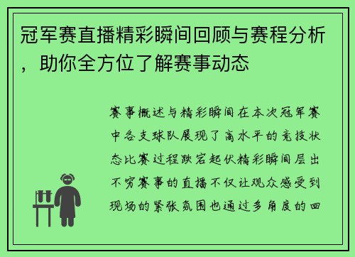 冠军赛直播精彩瞬间回顾与赛程分析，助你全方位了解赛事动态