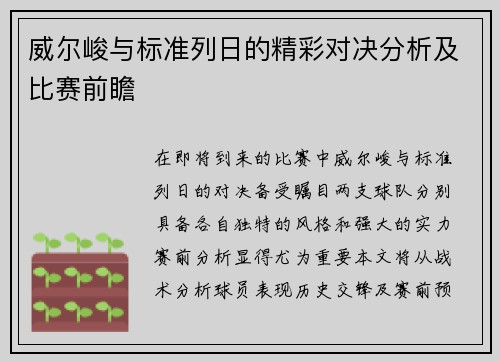威尔峻与标准列日的精彩对决分析及比赛前瞻